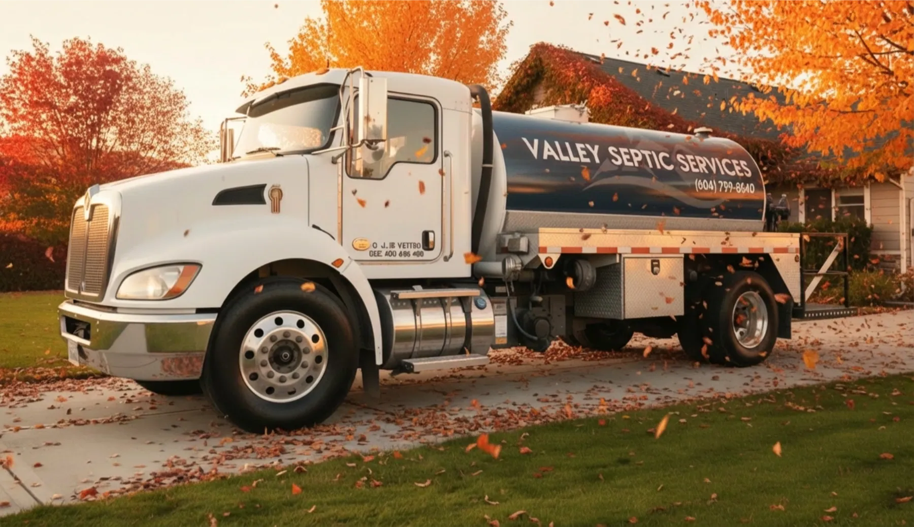 Valley Septic pump truck at a Hope property in autumn